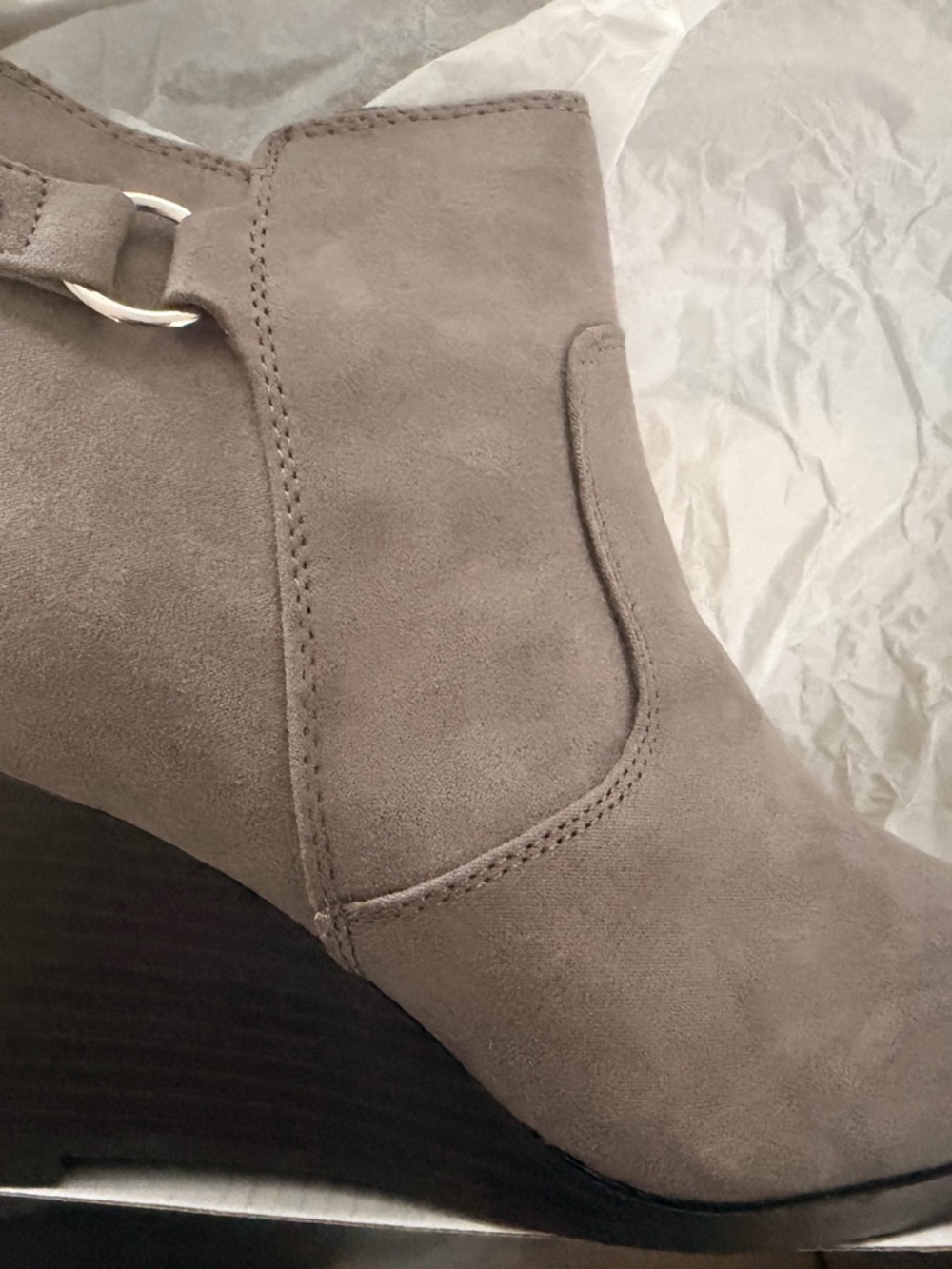 Maurices Taupe Suede Wedge Bootie with Ring Accent